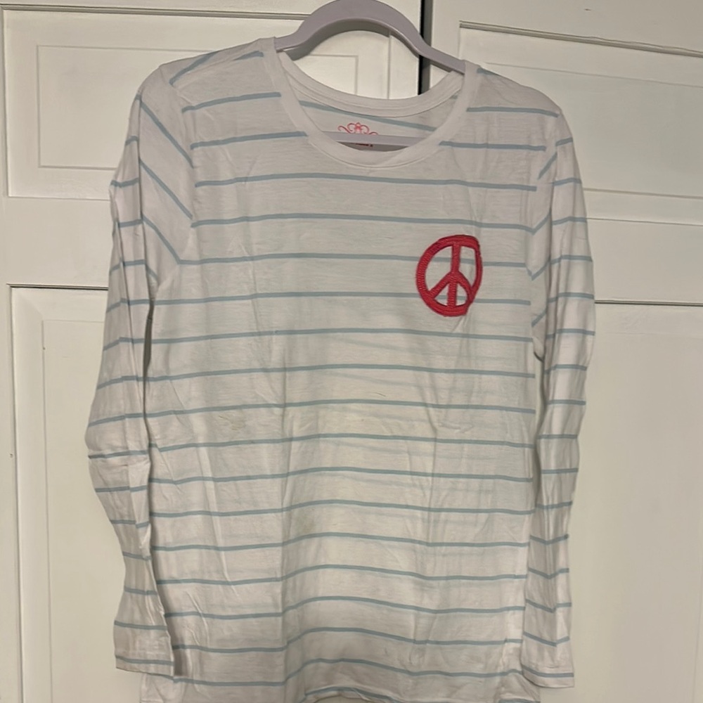 Striped White and Blue women’s Shirt with Peace Symbol